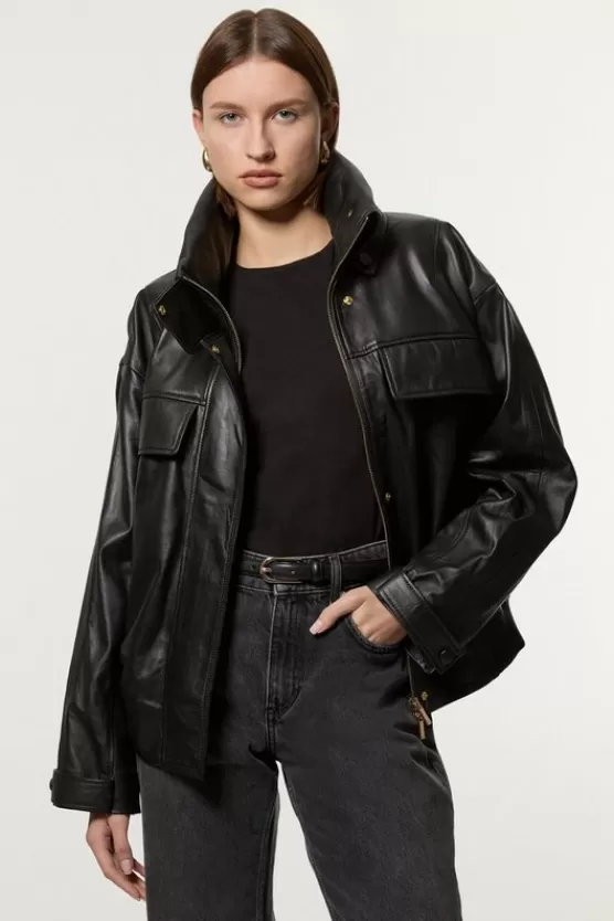 Clearance Karen Millen Leather High Neck Blouson Bomber Jacket black