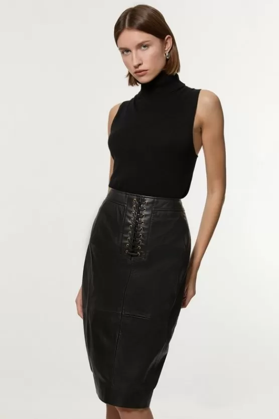 Outlet Karen Millen Leather Lace Up Pencil Skirt black