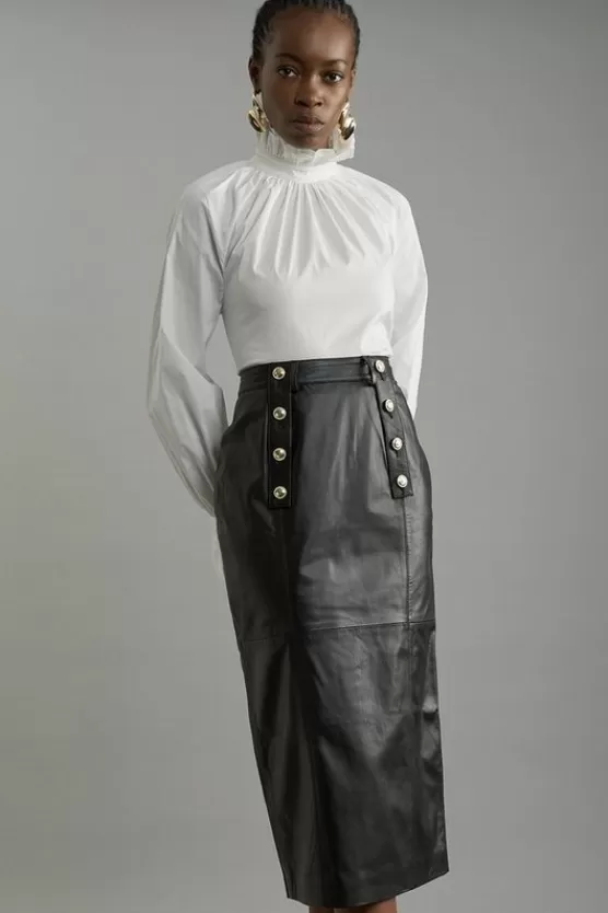 Best Karen Millen Leather Military Button Pencil Midi Skirt black