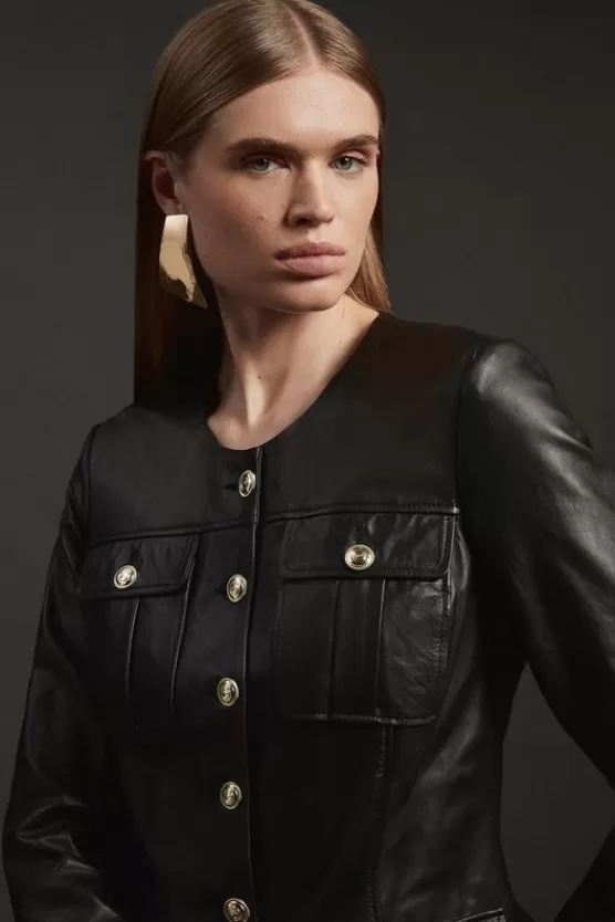 Shop Karen Millen Leather Military Button Through Tailored Collarless Jacket black