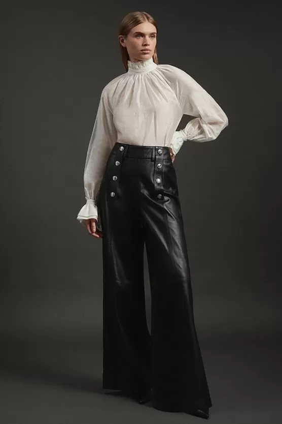 Cheap Karen Millen Leather Military Button Wide Leg Pants black