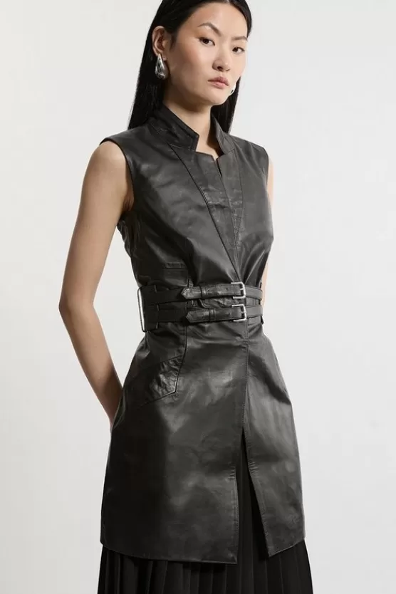 Hot Karen Millen Leather Notch Neck Sleeveless Jacket black