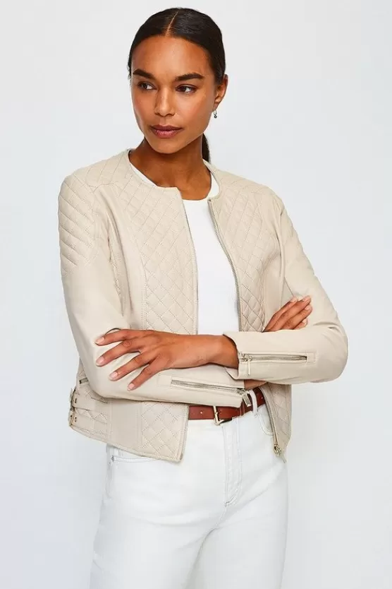 Clearance Karen Millen Leather Quilted Moto Jacket beige