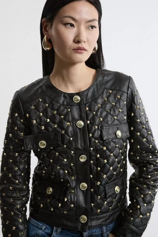 Shop Karen Millen Leather Studded Quilted Trophy Jacket black