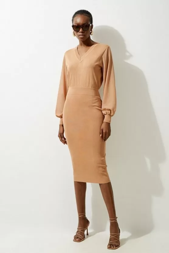 New Karen Millen Light Weight Summer Knit Midi Pencil Dress camel