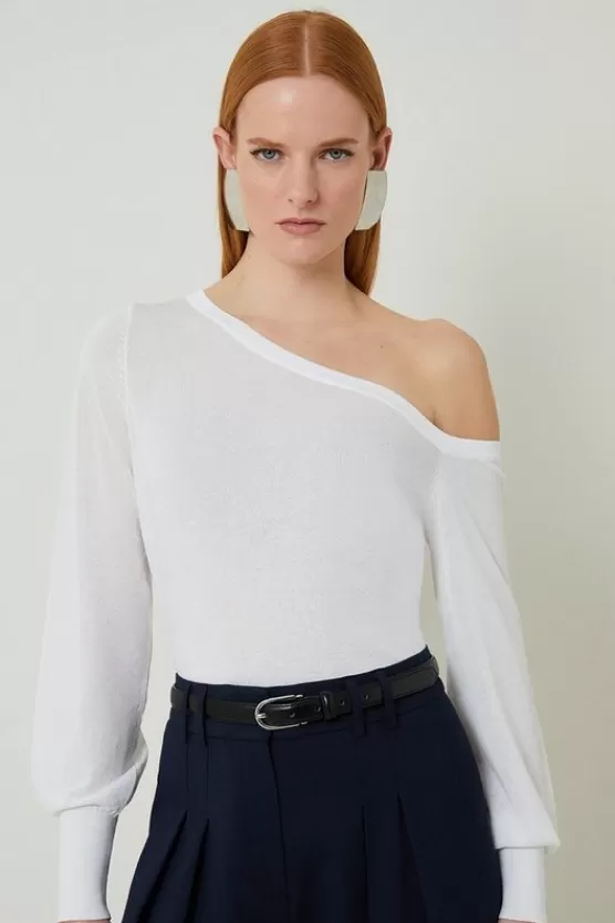 Shop Karen Millen Lightweight Viscose Blend Summer Knit Off Shoulder Top white