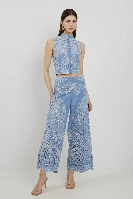 Hot Karen Millen Linen Cutwork Embroidery Woven Pants blue