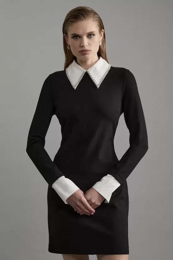 Sale Karen Millen Long Sleeve Embellished Collar Mini Woven Dress mono