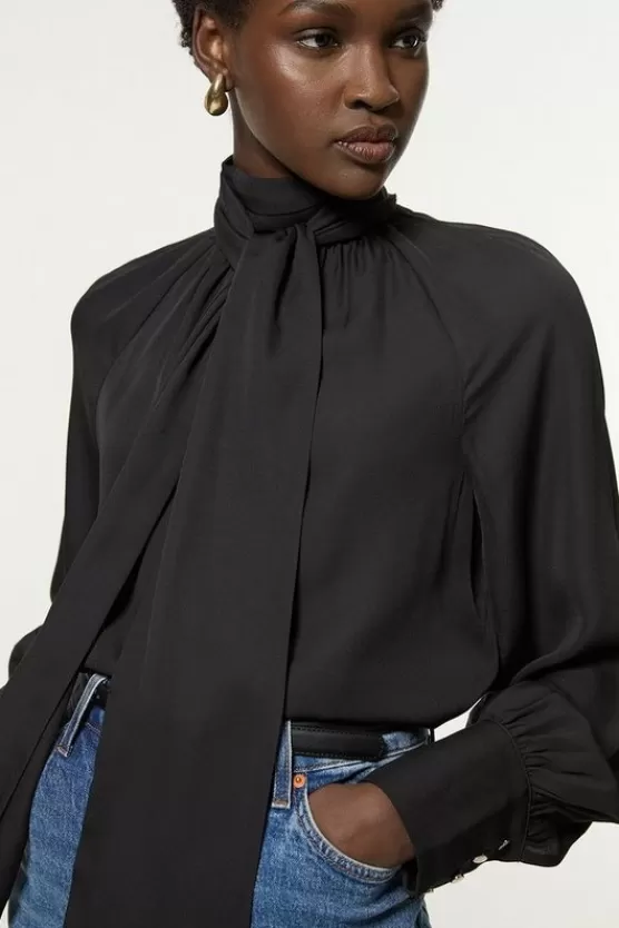 Store Karen Millen Long Sleeved Pussy Bow Woven Blouse black