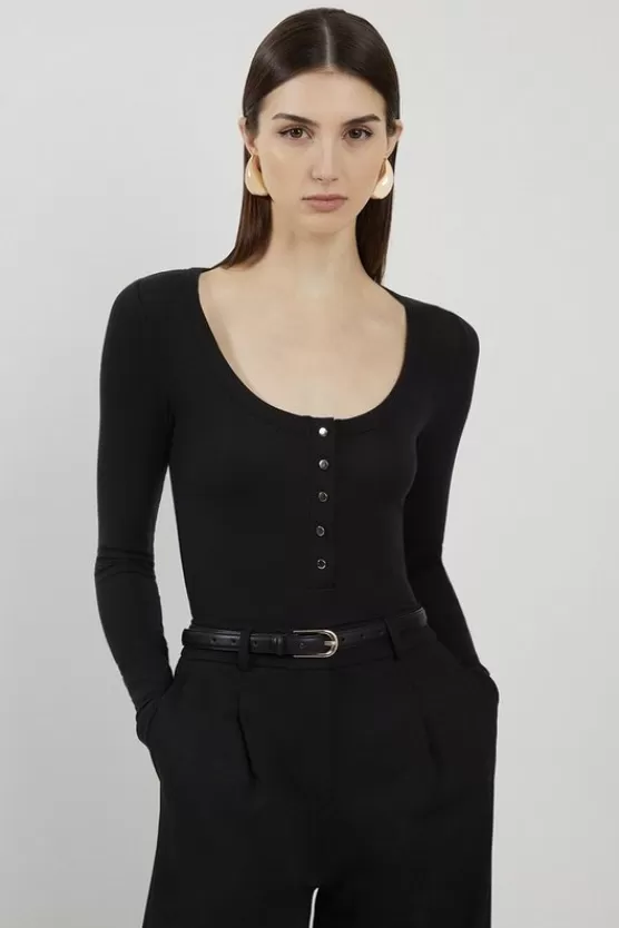 Best Karen Millen Lux Viscose Rib Jersey Long Sleeve Scoop Neck Top black