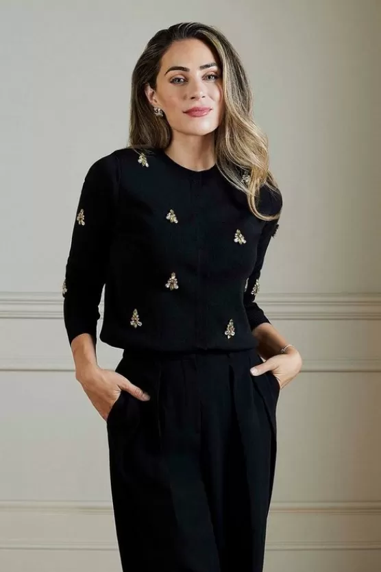 Outlet Karen Millen Lydia Millen All Over Embellished Dry Handle Viscose Blend Knit Cardi black