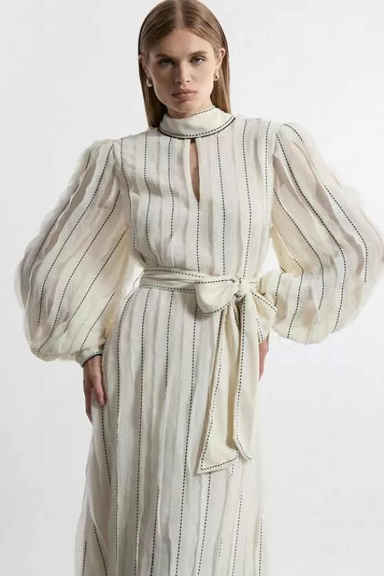 Cheap Karen Millen Lydia Millen Chiffon Top Stitch Detail Ruffle Belted Woven Midaxi Dress ivory