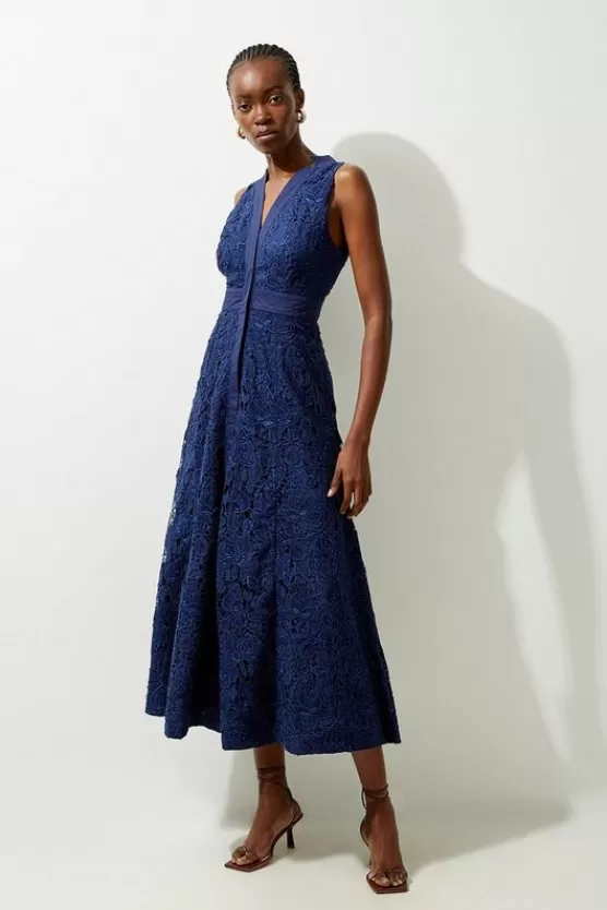 New Karen Millen Lydia Millen Cut Work Cotton Sateen Woven Halter Dress navy