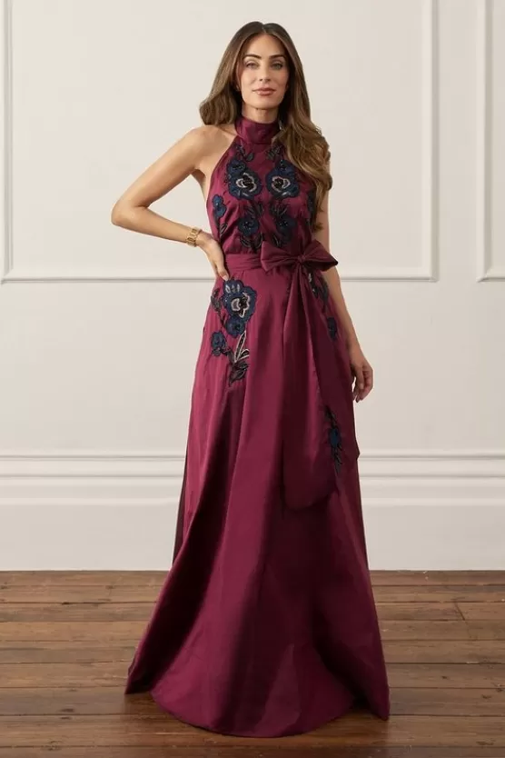 Outlet Karen Millen Lydia Millen Embellished Taffeta Woven Halter Prom Dress wine