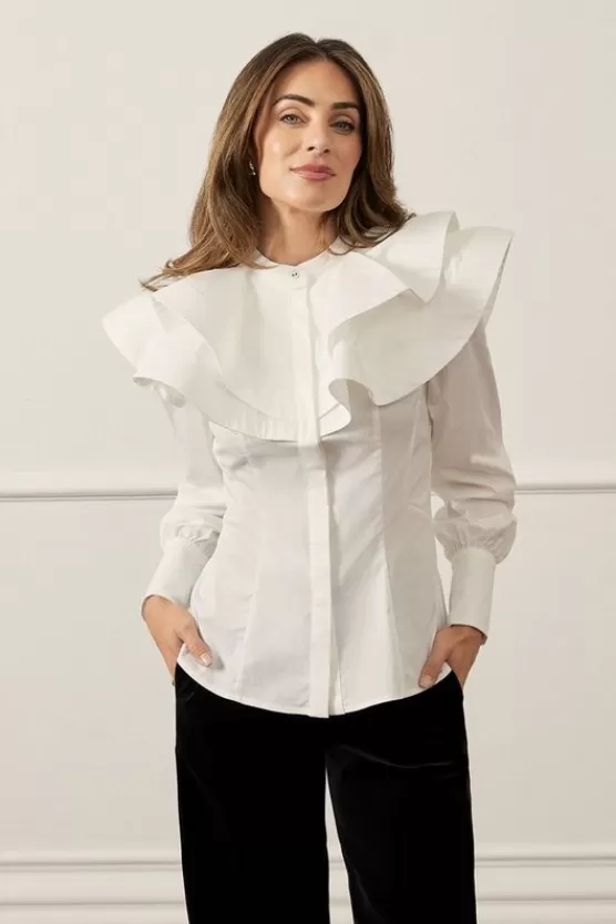 Clearance Karen Millen Lydia Millen High Neck Ruffle Woven Cotton Shirt white