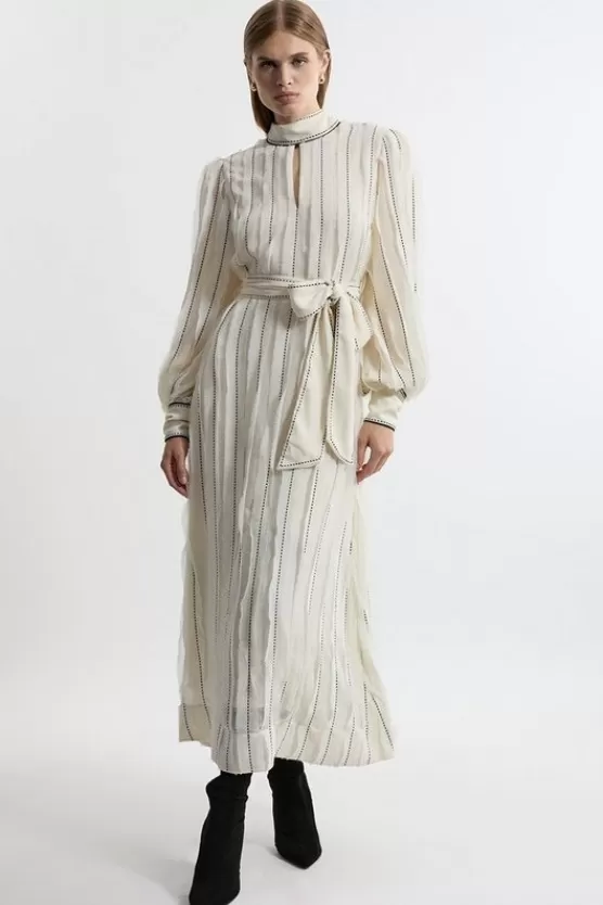 Discount Karen Millen Lydia Millen Petite Chiffon Top Stitch Detail Ruffle Belted Woven Midaxi Dress ivory