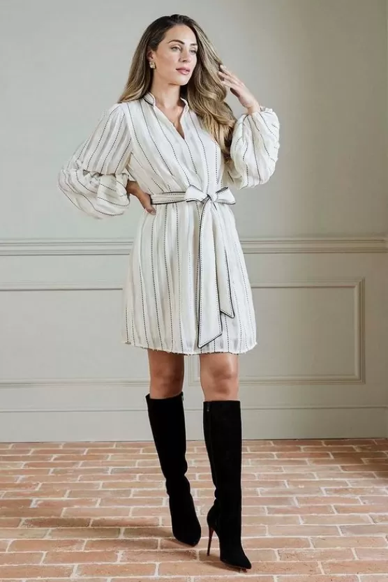 Store Karen Millen Lydia Millen Petite Chiffon Top Stitch Detail Ruffle Belted Woven Mini Dress ivory