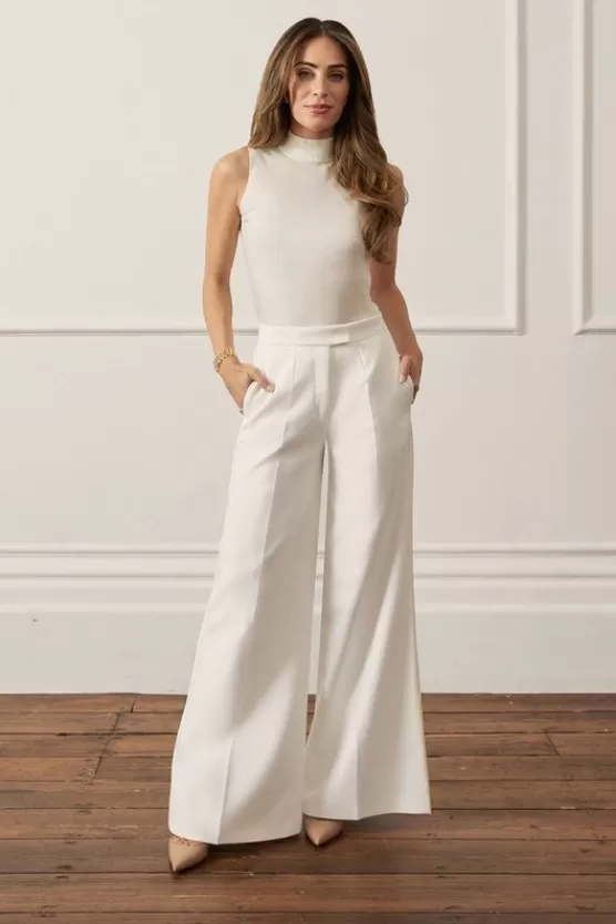 Fashion Karen Millen Lydia Millen Petite Compact Stretch Grosgrain Detail Tailored Wide Leg Pants ivory
