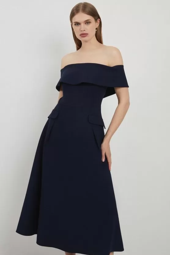 Store Karen Millen Lydia Millen Petite Compact Stretch Off The Shoulder Full Skirt Tailored Midi Dress navy