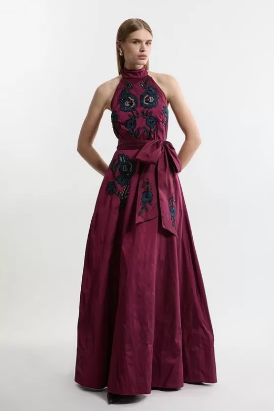 Clearance Karen Millen Lydia Millen Petite Embellished Taffeta Woven Halter Prom Dress wine