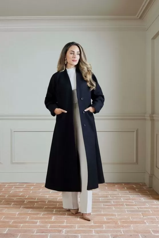 Fashion Karen Millen Lydia Millen Petite Premium Italian Manteco Wool Rounded Sleeve Skirted Tailored Midaxi Coat black