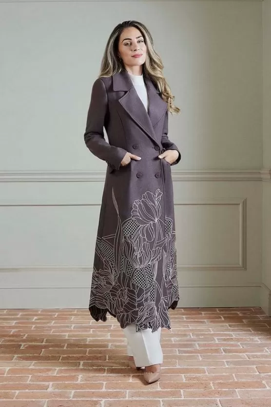 Sale Karen Millen Lydia Millen Petite Wool Blend Floral Cutwork Flared Skirt Midaxi Coat taupe