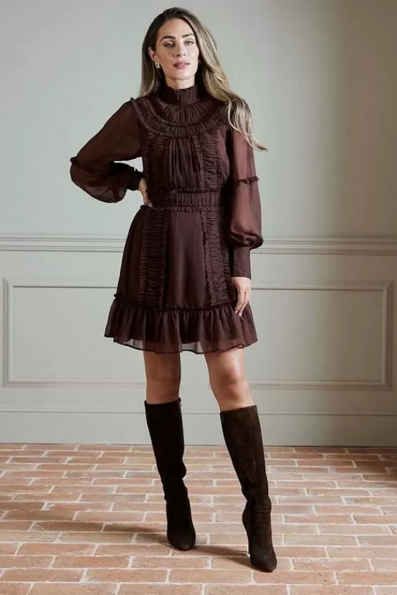 Sale Karen Millen Lydia Millen Pleat Crinkle High Neck Drama Sleeve Woven Mini Dress chocbrown
