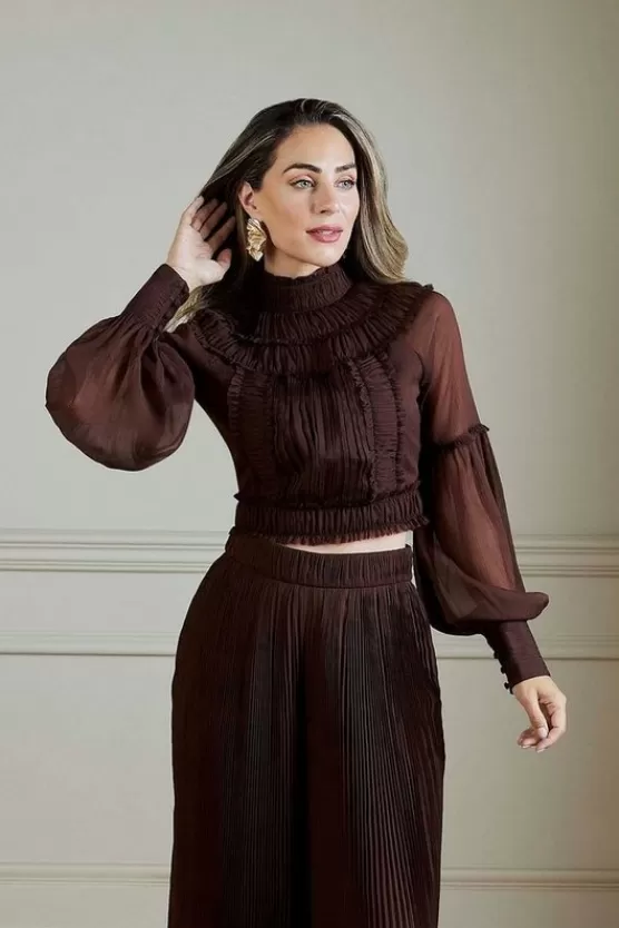 Best Sale Karen Millen Lydia Millen Pleat Crinkle Woven Wide Leg Trouser Co-Ord chocbrown