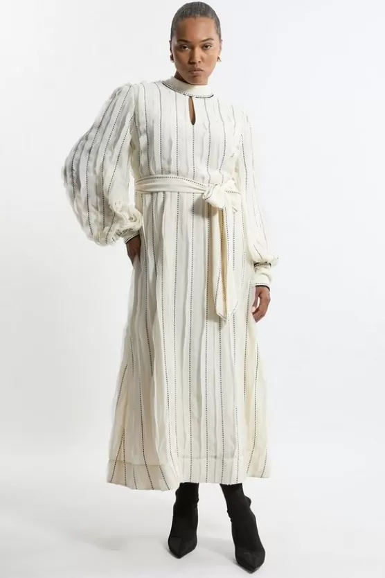 Online Karen Millen Lydia Millen Plus Size Chiffon Top Stitch Detail Ruffle Belted Woven Midaxi Dress ivory