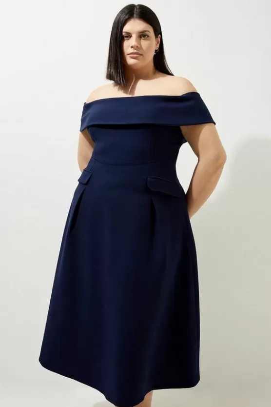 Discount Karen Millen Lydia Millen Plus Size Compact Stretch Off The Shoulder Full Skirt Tailored Midi Dress navy