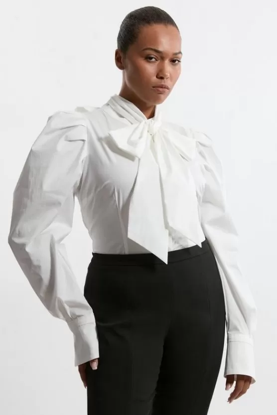 Outlet Karen Millen Lydia Millen Plus Size Drama Sleeve High Neck Woven Cotton Shirt white