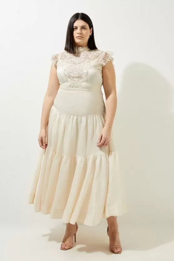 Outlet Karen Millen Lydia Millen Plus Size Lace Slub Organdie Woven Maxi Dress ivory