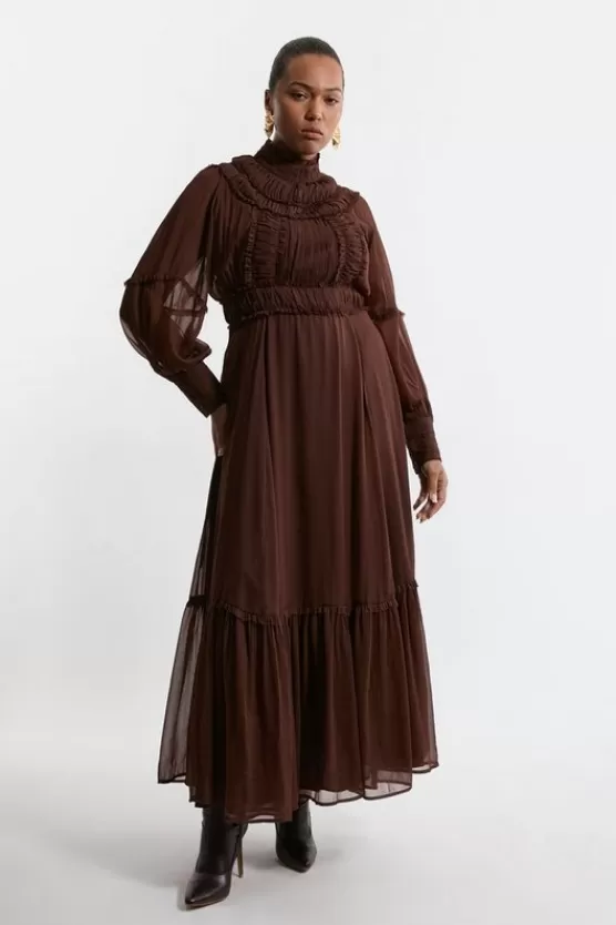 Sale Karen Millen Lydia Millen Plus Size Pleat Crinkle High Neck Drama Sleeve Woven Midaxi Dress chocbrown