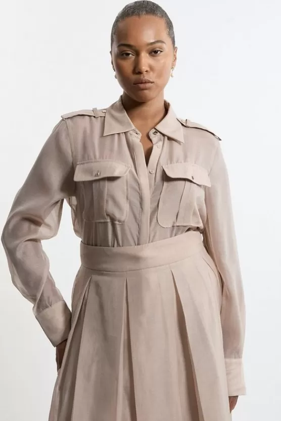 New Karen Millen Lydia Millen Plus Size Pocket Detail Organdie Woven Shirt champagne