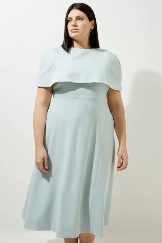 Cheap Karen Millen Lydia Millen Plus Size Structured Crepe Cape Sleeve Full Skirt Tailored Midi Dress sage