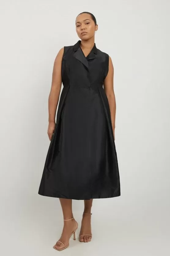 Hot Karen Millen Lydia Millen Plus Size Taffeta Full Skirt Tailored Wrap Shirt Midi Dress black