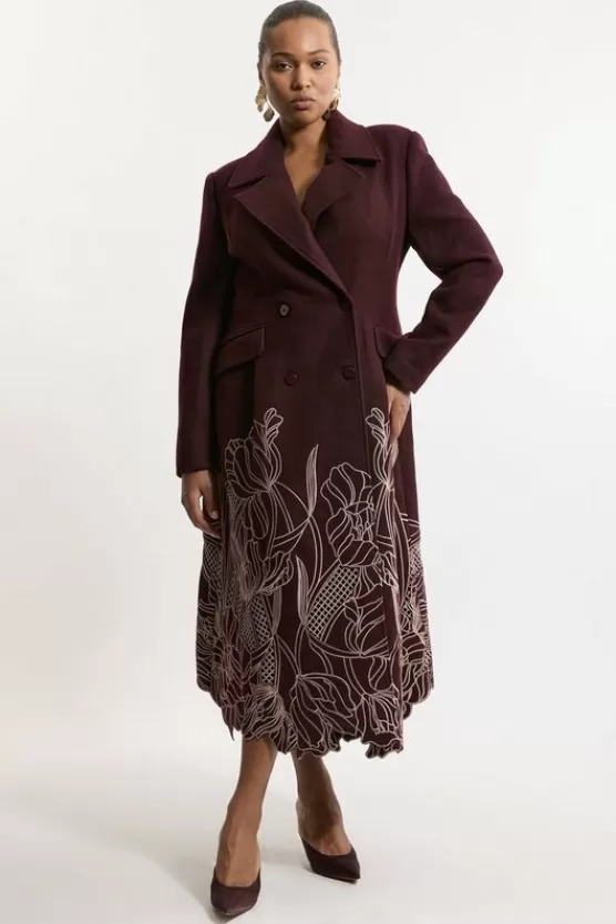 Discount Karen Millen Lydia Millen Plus Size Wool Blend Floral Cutwork Flared Skirt Midaxi Coat merlot