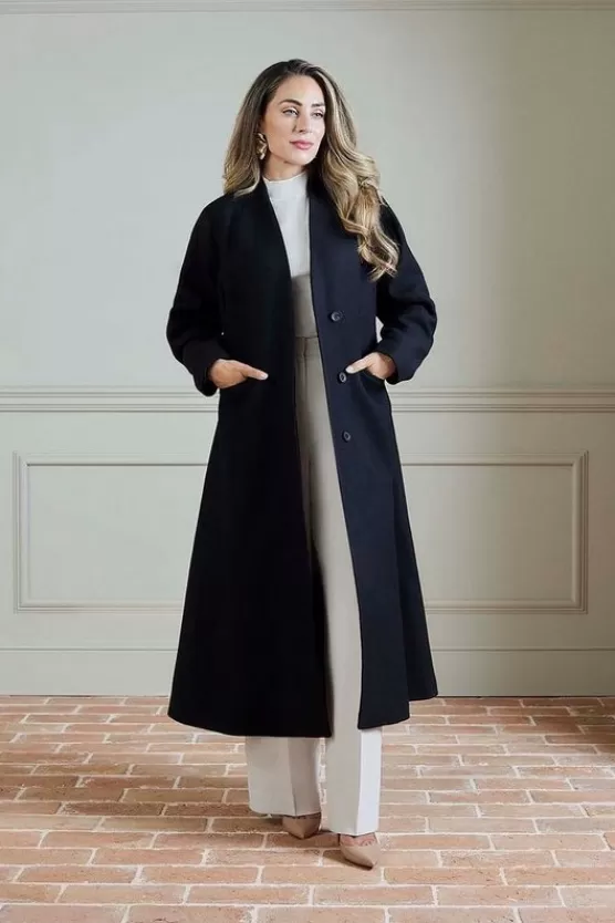 Flash Sale Karen Millen Lydia Millen Premium Italian Manteco Wool Rounded Sleeve Skirted Tailored Midaxi Coat black