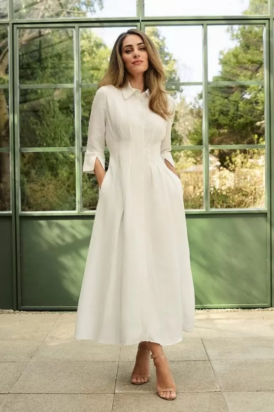 Cheap Karen Millen Lydia Millen Premium Tailored Linen Darted Waist Midi Dress ivory