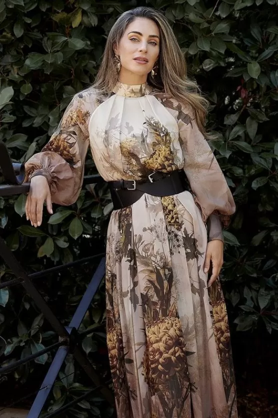Flash Sale Karen Millen Lydia Millen Silk Cotton Border Print Belted Maxi Dress nudepink