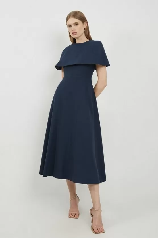 Store Karen Millen Lydia Millen Structured Crepe Cape Sleeve Full Skirt Tailored Midaxi Dress navy