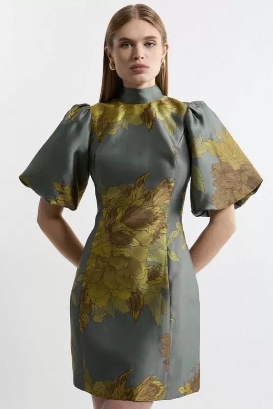 Best Karen Millen Lydia Millen Tall Jacquard Mini Dress With Tie Detail And Puff Sleeve floral