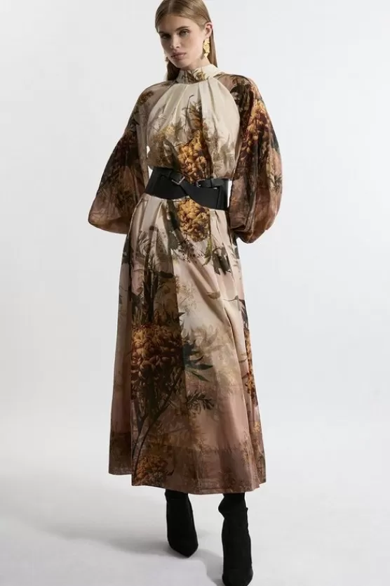 Shop Karen Millen Lydia Millen Tall Silk Cotton Border Print Belted Maxi Dress nudepink