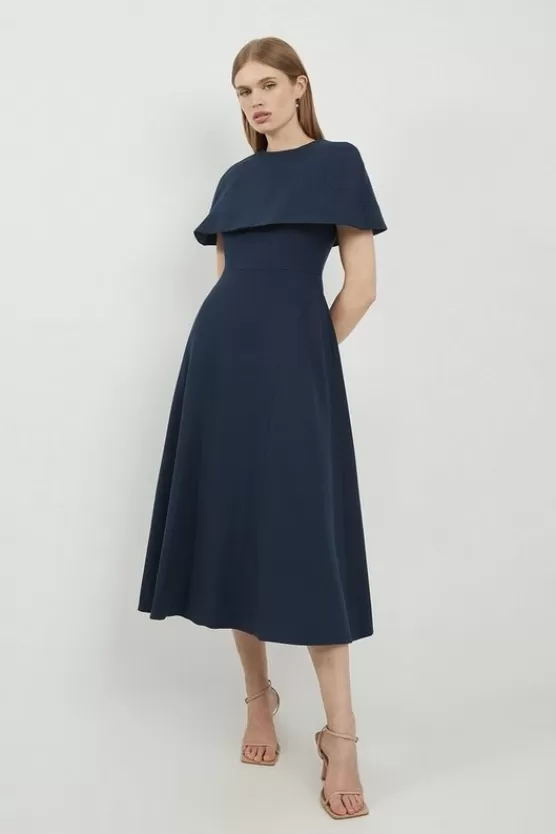 Store Karen Millen Lydia Millen Tall Structured Crepe Cape Sleeve Full Skirt Tailored Midaxi Dress navy