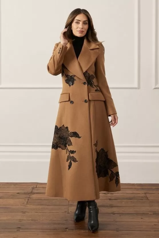 Online Karen Millen Lydia Millen Wool Blend Placed Lace Embroidered Flared Skirt Tailored Midaxi Coat camel