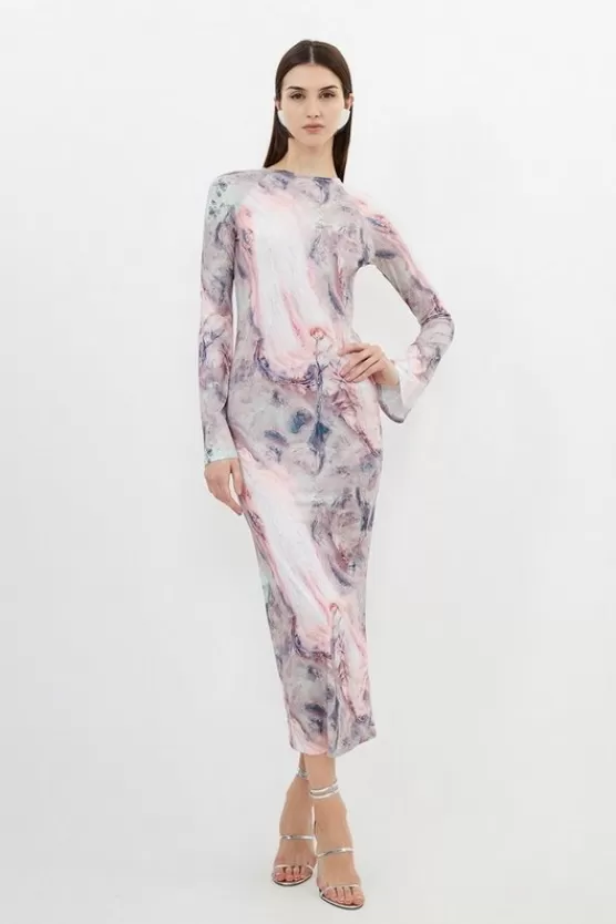 Shop Karen Millen Marble Print Jersey Long Sleeve Midi Dress pink