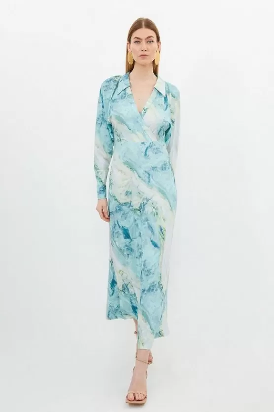 Clearance Karen Millen Marble Print Jersey Shirt Midi Dress green