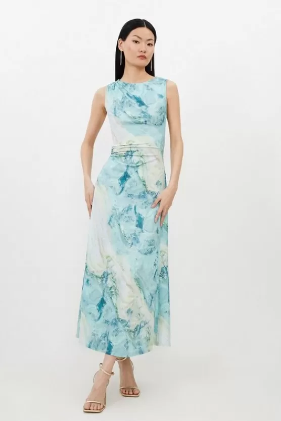 Fashion Karen Millen Marble Print Jersey Sleeveless Maxi Dress green