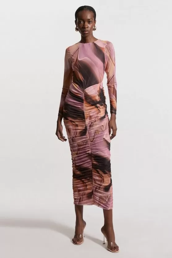 Outlet Karen Millen Marble Printed Mesh Ruched Long Sleeve Midi Dress multi