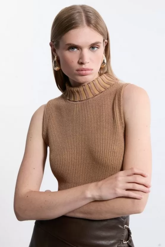 Flash Sale Karen Millen Marled Knit Clean Look Sleeveless Top camel